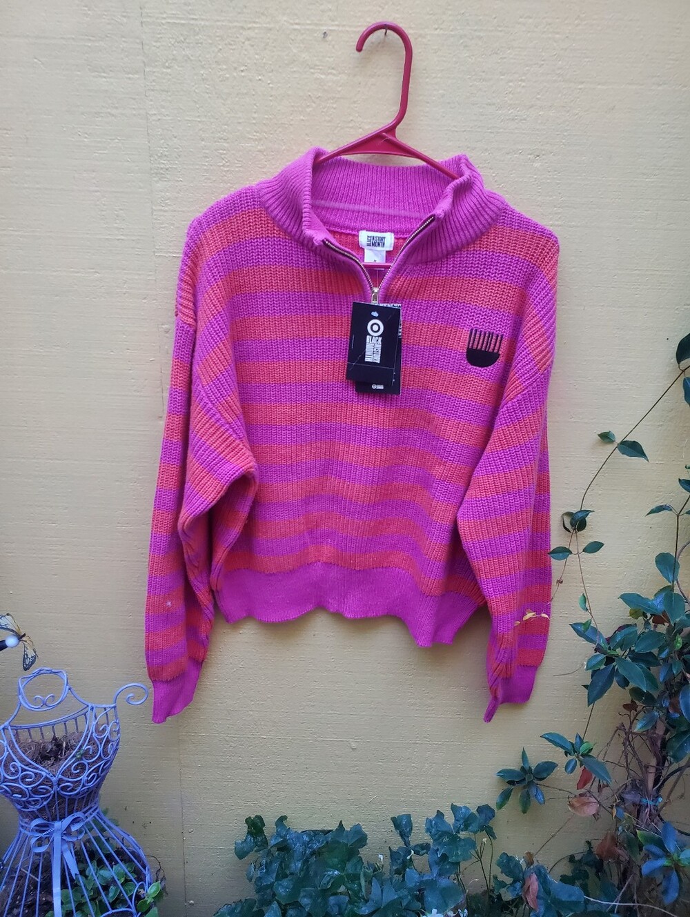 Half-Zip Striped Turtleneck Sweater in Pink and Orange